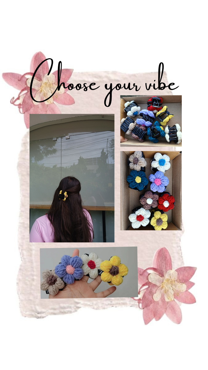 Collage of hair accessories with text 'Choose your vibe' on a white background